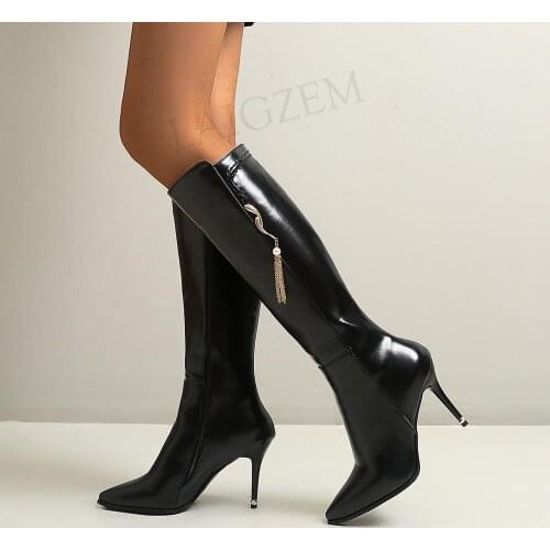 LAIGZEM Women Knee High Boots Side Zip Stiletto Heels Tacco Alto Tall Boots Shoes Woman Ladies Botines Mujer Size 44 45 46 47