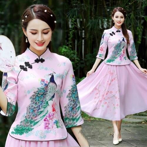 Chinese National Style WomenS Retro Suit Hanfu Cheongsam 2 Piece Set Ancient Tang Suit Summer Embroidery Skirt Set TA1973