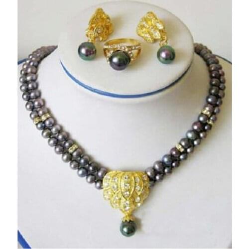 Women Natural Black Freshwater Pearl Jewelry Sets Necklace Earrings Ring Beads Fine Jewelry Party Evening Elegant Accessories