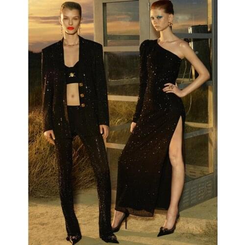 2019 New Fashion Hot Selling One Shoulder Elegant Black Sequin Long Dress Women Cocktail Outfit Party Vestidos Gowns Wholesale