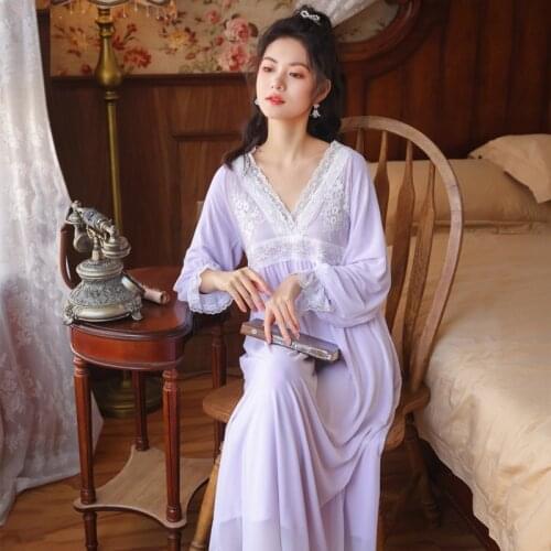 Women Victorian Nightgown Sleep Dress Lace Long Sleeve Fairy Night Dress Princess Sleepwear Peignoir Vintage Kawaii Lounge Wear