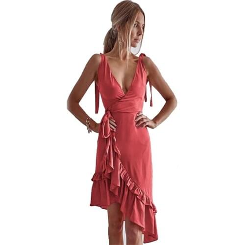 2019 new fashion sexy solid color V-neck ruffled sling in the dress with irregular womens slim dress HC028