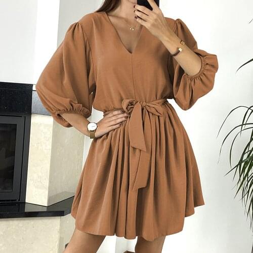 Fashion V-neck Red Casual Loose Women Mini Dress 2021 Summer Office Ladies Dresses With Belt Robe Femme