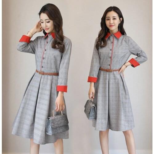 Vintage elegance Plaid Dress With Belt Women Autumn Long Sleeve Casual Shirt Dress Female Clothes Bandage Bodycon Plaid Robe