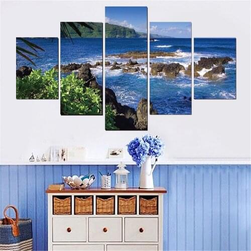 5 Pieces Wall Art Canvas Painting Seascape Sunny Day Ocean Poster Modern Home Bedroom Decoration Nordic Home Frame Pictures