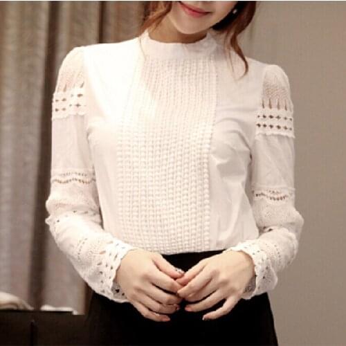 New Women Blouses Slim Bottoming Long-sleeved White Shirt Lace Hook Flower Hollow Plus Size S-5XL