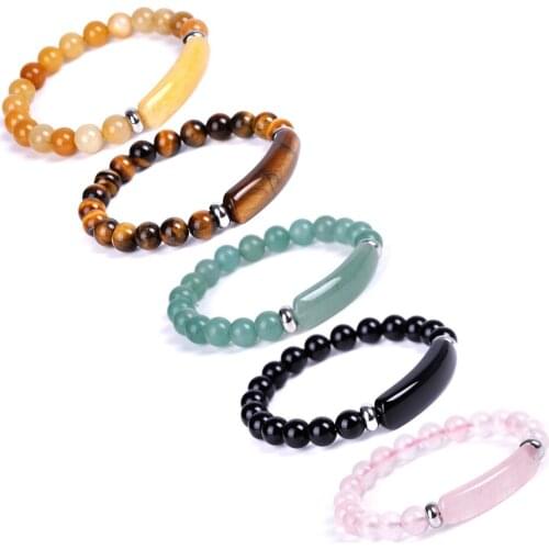 8mm Natural Stone Strand Beads Bracelet Reiki Healing Pink Quartz Aventurine Agates Rose Crystal Rectangle Bar Charms Bracelets