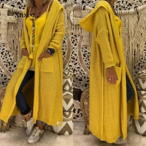 Long Knitted Cardigan Solid Color Sweater Women Autumn Winter Loose Hooded Pocket Casual Fashion Sweaters Clothing Overcoat