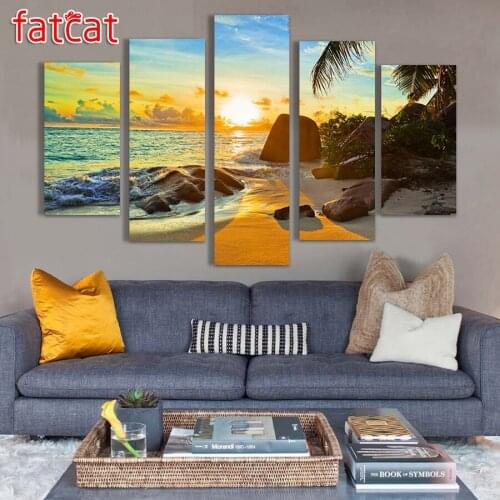 FATCAT 5 Panel Ocean Sunset Beach Seascape Diy Diamond Painting Full Square Round Drill Diamond Embroidery Sale Decor AE928