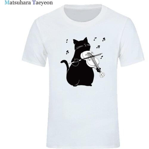Cute Cat Playing Violin Guitar T Shirt Funny Musician Cat Art Design Tshirts for Men Youth Fashion Casual Tee Shirt Clothing