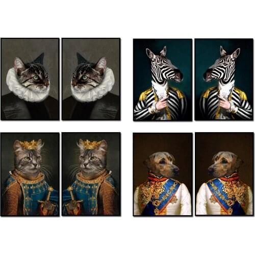 Retro Animal Art Twin Zebra Dog Cat Paintings on Canvas Wall Pictures for Living Room Wall Art Posters Prints Home Cuadros Decor