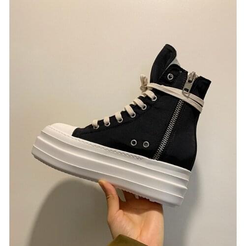 Women Canvas Shoes Luxury Trainers Platform Boots Lace Up Sneakers Casual Height Increasing Zip High-TOP Black Shoes