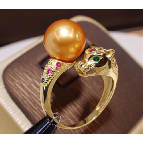 D509 Pearl Ring Fine Jewelry 925 Sterling Silver Round 11-12mm Leopard Shape Nature Fresh Water Golden Pearls Rings for Women