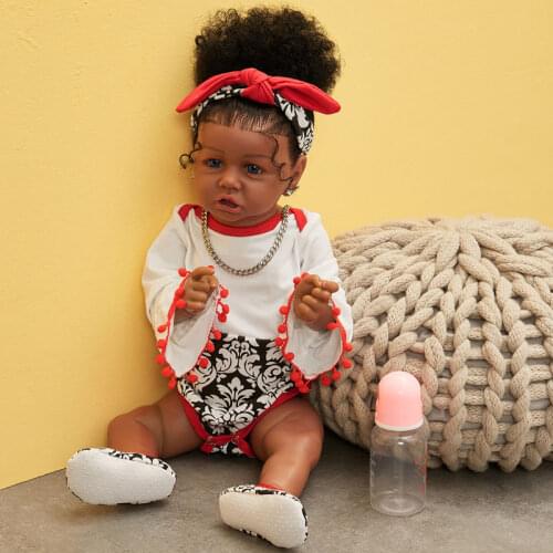 23 Inch Lifelike America Reborn Baby Dolls Full Silicone Curly Hair Crooked Mouth Black Reborn Dolls Bath Toy For Kids Gifts