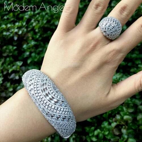 ModemAngel Luxury flower Bangle Ring Sets Fashion Dubai Bridal Jewelry Sets For Women Wedding brincos