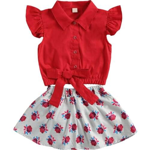 0-24M Fashion Summer Toddler Kids Girl Clothes Ruffles Sleeve Button Bowknot Shirts Tops+Floral Print Tutu Skirts Shorts Outfits