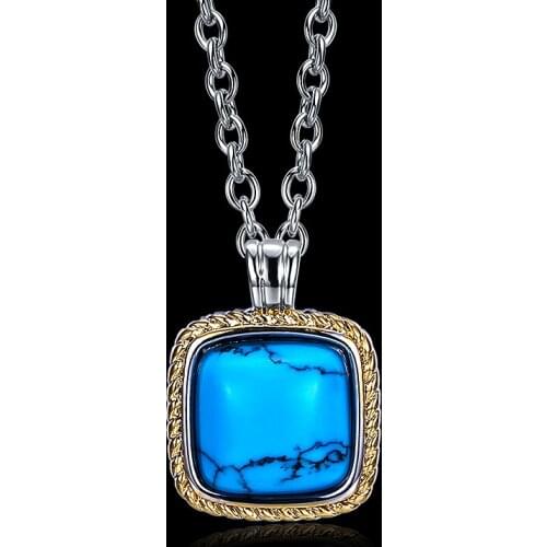 Fashion Square Shape Kallaite Stone and Bi-color Gold Pendants Necklaces For Women Vintage White Gold Color Chain Bijoux LN004