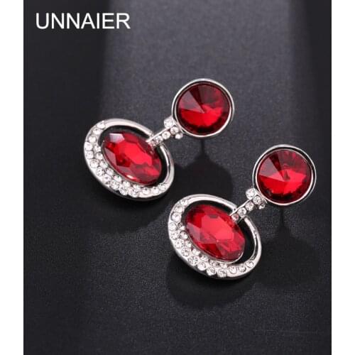 UNNAIER fashion popular red blue black Semi-precious stones earring Female Prevent allergy Rhinestone oval Ear jewelry