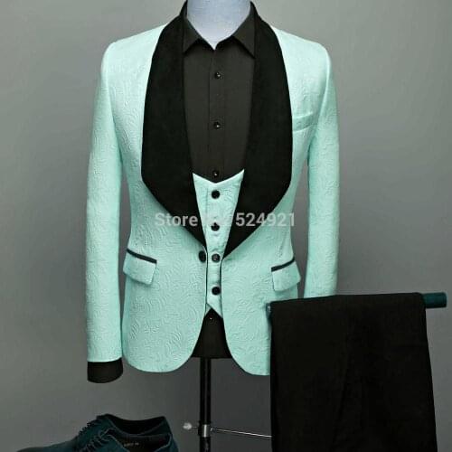 Men Suits Purple Mint Green and Black Groom Tuxedos Shawl Satin Lapel Groomsmen Wedding Best Man ( Jacket+Pants+Vest+Tie ) C726