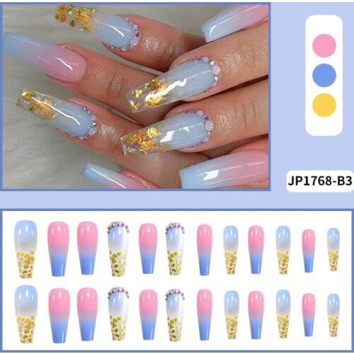 Fake Nails Long Rainbow Gold Foil With Diamond Wear Nail Stickers Finished Nail Stickers 24 Pcs With Glue Nails Accesorios