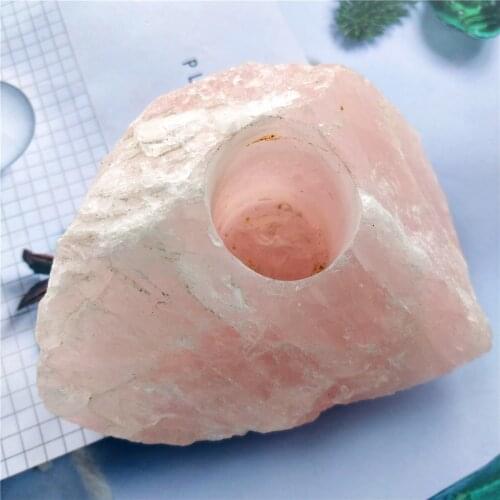 Natural Rose Quartz Crystal Carved Candlestick Rough Mineral Specimen Candle Holder Healing Crystal Ornament
