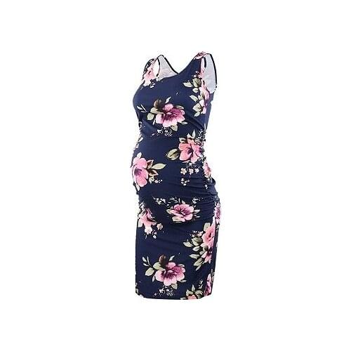 Women Pregnant Sleeveless Tank Maternity Dresses Side Ruching Floral Knee Length Bodycon Dress For Daily Wearing Or Baby shower