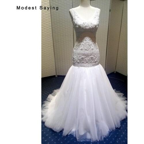 Luxury Ivory Mermaid Lace Wedding Dresses 2018 with Pearls Beaded Bridal Gowns Lace Up vestidos de noiva V Neck robe de mariee