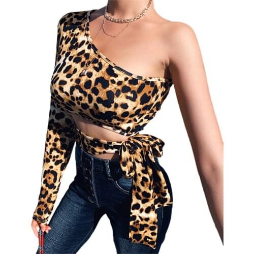 Sexy Women Leopard Print One Shoulder Crop Top Fashion Ladies Long Sleeve Lace Up Bandage Club Party Street Short T Shirts