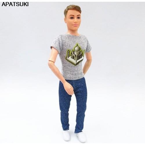 Gray T-shirt & Denim Jeans Pants Trousers For Barbies Boyfriend Ken 1/6 Boy Doll Clothes For Ken Male Boy Doll Accesssories