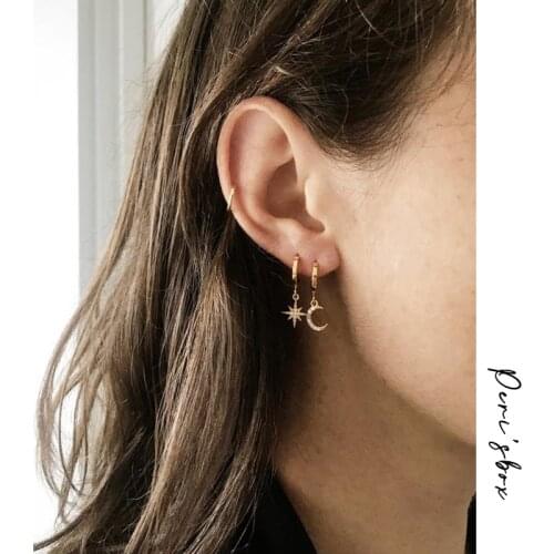 PerisBox Cubic Zirconia Stardust Moon Huggie Hoop Earrings for Women CZ Star Charms Small Hoops Dainty Asymmetrical Earrings