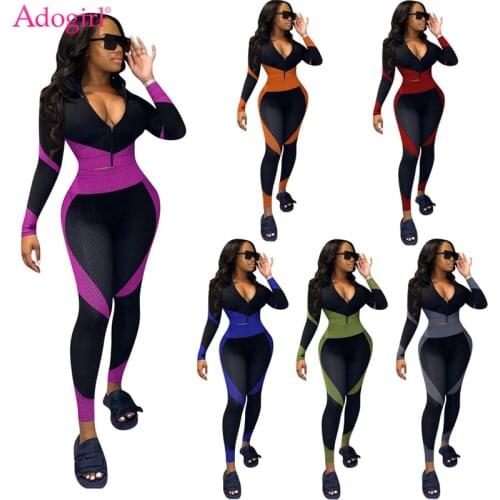Adogirl Color Patchwork Women Tracksuit Two Piece Set Long Sleeve Zipper Crop Top Pencil Pants Workout Fitness Suit