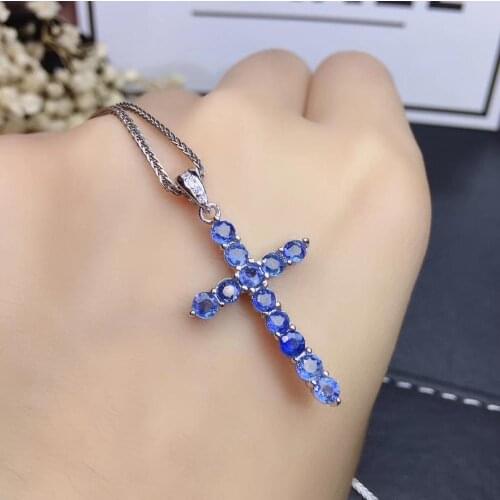 Fashion elegance Cross natural blue sapphire gem Brooch pendant natural gemstone pendant necklace S925 silver girl gift jewelery