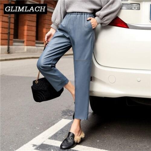Women Fashion Real Leather Harem Pant Harajuku Streetwear Ladies 2019 New Casual Elastic Waist Lambskin Genuine Leather Trousers