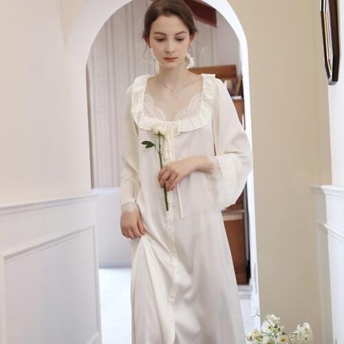 Women Sexy Square Collar Long Sleepshirts Summer New Ruffles Nightgown Spring Autumn Satin Nightdress Retro Home Dress S-XL