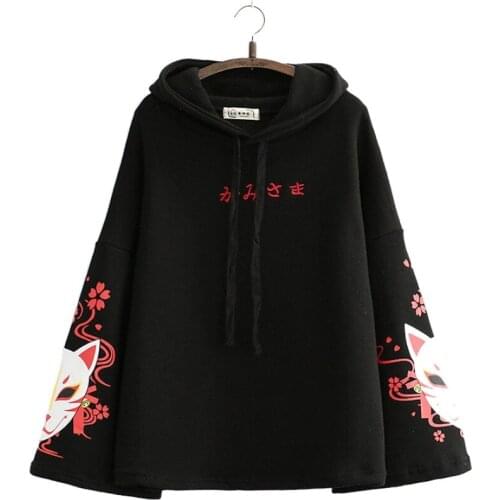 Harajuku Style Fox Print Plus Velvet Thick Women Hooded Flared Sleeve Loose Sweatshirts 2020 Autumn Winter Girl Casual Pullovers