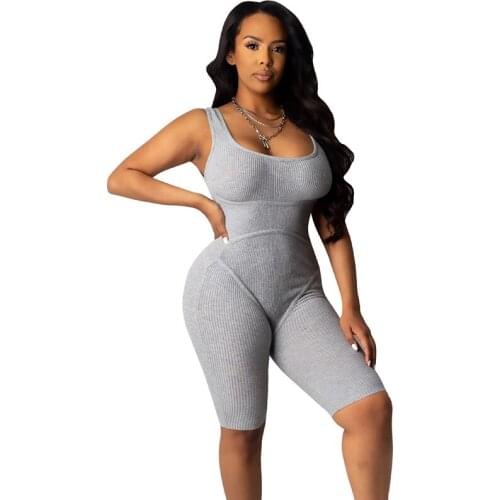 Grey Knit Ribbed Bodycon Jumpsuit Women 2020 Skinny Bodysuit Sporty Fitness Biker Jumpsuit Summer Rompers Womens Jumpsuit Shorts