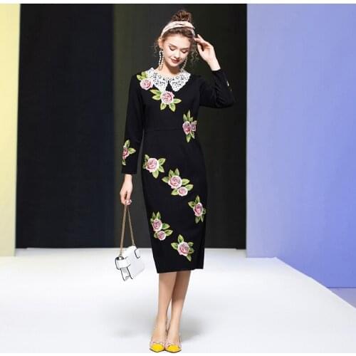 Designer Retro Elegant Autumn New Women Water Soluble Lace Lapel Diamond Embroidered High Quality Black Office Party Midi Dress