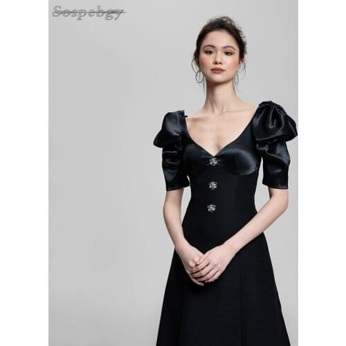 2021 Summer Womens Black Short Sleeve Dress Fashion Sexy V-neck Diamond Button Mid length Dress Elegant Celebrity Club Dress