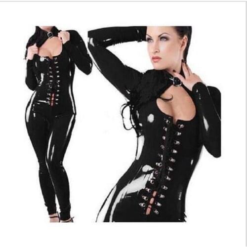 New Arrive Sexy Lingerie Pole Dance Clothes Black PVC Leotard Dress Ladies Leather Jumpsuit Catsuit Teddy Fetish Costume
