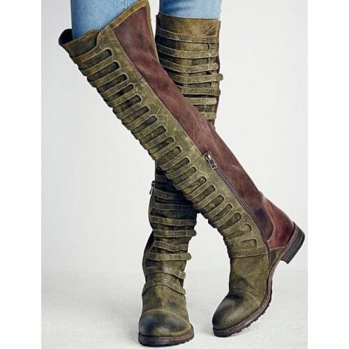 Winter 2017 new brand design womens fashion high quality army green brown patchwork flat over knee boots cowboy classic boots