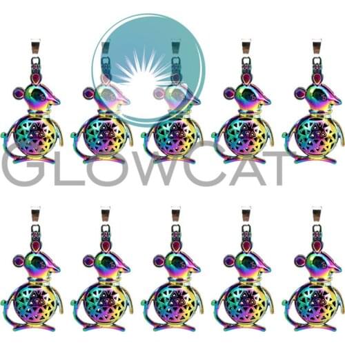 10X Rainbow Mouse Beads Cage Perfume Diffuser Pearl Cage Magnetic Buckle Locket Pendant C121