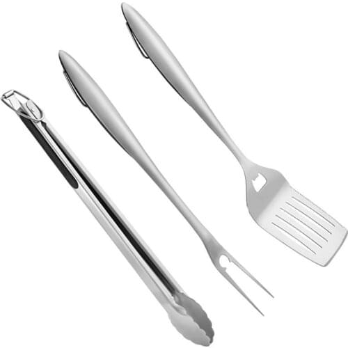 3pcs/set Stainless Steel Grill Utensil Barbecue Spatula Fork Tongs Portable Multifunction BBQ Utensil Set Kitchen Tools