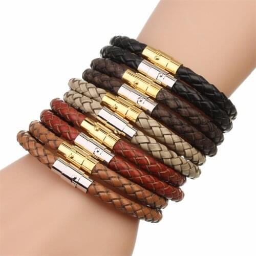 New Handmade Gold/Silver Color Vintage Men Leather Bracelets Stainless Steel Magnetic Clasp Braided Black Brown Male Bangles
