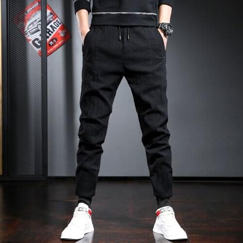 Casual Black Pleated Pants Men Sport Joggers Stretch Slim Fit Drawstring Trousers