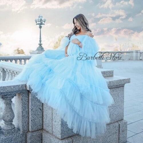 Demure Sky Blue Ruffles Tulle A-line Maternity Dresses To Photoshoot Draped Mesh Long Women Formal Party Dress Vestidos