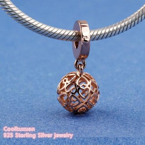 2019 Mothers Day Authentic 925 Sterling Silver Harmonious Hearts Dangle Charm, Rose colour Beads Fit Brand Charms Bracelet