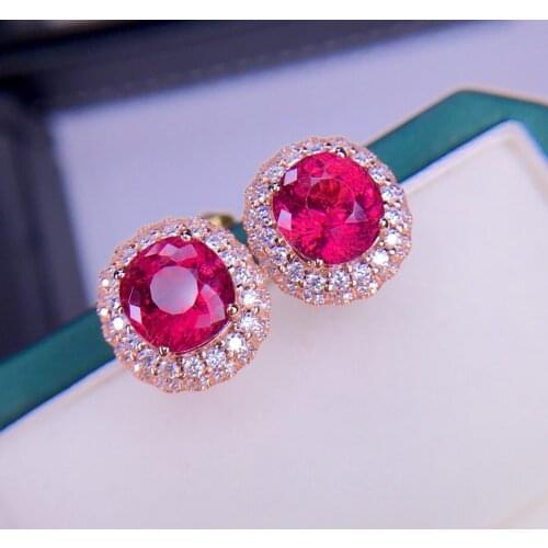 E708 Fine Jewelry Real 18K Rose Gold Red Tourmaline 3.9ct Gemstone Drop Earrings for Women