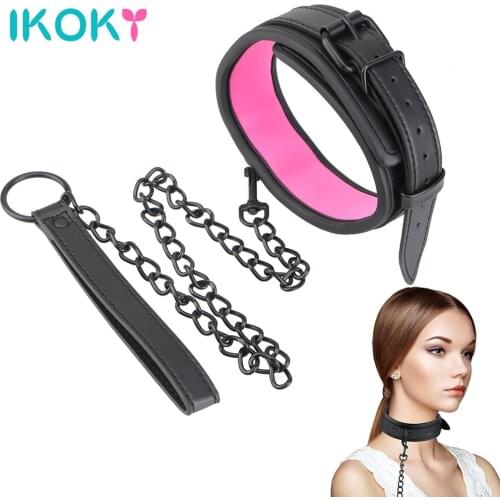 IKOKY Slave Restraints Women Bondage Collar Slave Collars Sex Toys For Couples SM Bondage Neck Ring Leather Iron Chain Link