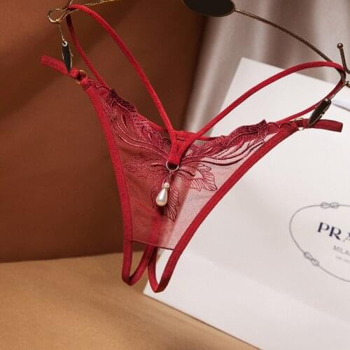 Women Sexy Lace Panties Underwear Open Crotch Temptation Thong Pearl Pendant Embroidery Erotic Lingerie Couple Flirting G-String