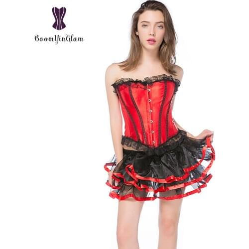 High quality fashion design satin women bustiers and corsets corset dress metal closure lace corset with short skirt 036